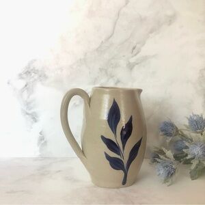 Williamsburg Pottery Vintage Salt Glaze Pitcher with Cobalt Blue Stem Design